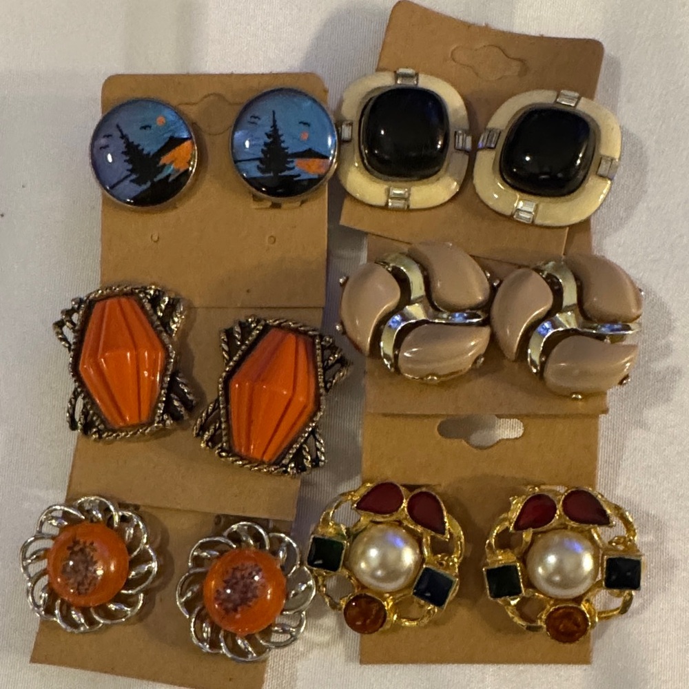 Vintage Style Women's Earrings 6 pairs- Orange, Black, Cream, Silver